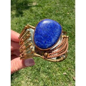 Artisanal Lapis Lazuli Mixed Metal Cuff Bracelet Copper Silver Gold Tone Boho